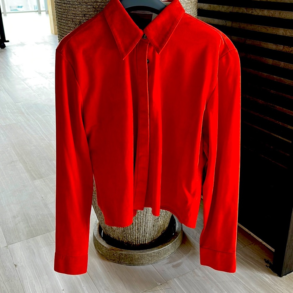 100% Suede/leather orange shirt with snap front and cuff closures